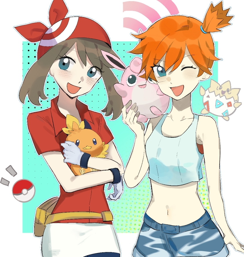 2girls, :d, ;d, asymmetrical_hair, bandana, blue_eyes, blue_shorts, blush