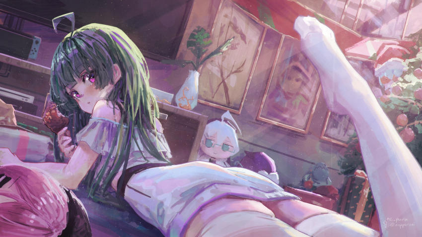 1girl, ahoge, ass, blunt_bangs, character_doll, chicken_(food), christmas, christmas_tree, doll, dress, food, fried_chicken, green_hair, highres, indoors, leg_up, long_hair, looking_at_viewer, lying, mari_(osu!), nepperoni, nintendo_switch, on_stomach, osu!, picture_frame, pippi_(osu!), purple_eyes, solo, taikonator_(osu!), television, vase, white_dress, yuzu_(osu!)