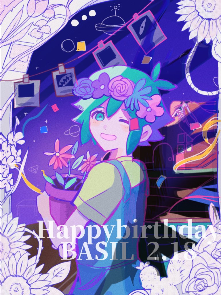 1boy, basil_(headspace)_(omori), basil_(omori), blue_overalls, blush, confetti, flower, flower_pot