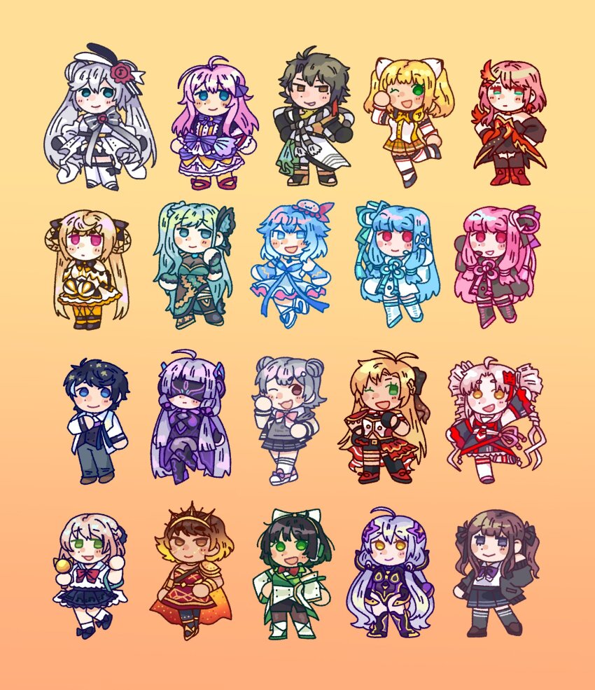 2boys, 6+girls, :d, :|, ;d, aiko_(synthesizer_v), anri_(synthesizer_v), antenna_hair, black_dress, black_hair, black_jacket, black_shoes, black_thighhighs, blonde_hair, blue_dress, blue_eyes, blue_hair, blue_shoes, bow, bowtie, breasts, brown_eyes, brown_shoes, cangqiong, chiyu_(synthesizer_v), closed_mouth, commentary, double_bun, dress, eleanor_forte, english_commentary, foot_up, full_body, genbu_(synthesizer_v), gradient_background, gradient_hair, green_eyes, green_hair, grey_hair, grey_pants, grey_sweater, hair_between_eyes, hair_bun, haiyi, highres, hoshizora_lone, jacket, koharu_rikka, kotonoha_akane, kotonoha_aoi, kyoumachi_seika, leotard, long_hair, minus_(synthesizer_v), multicolored_hair, multiple_boys, multiple_girls, muxin_(synthesizer_v), natsuki_karin, one_eye_closed, open_clothes, open_jacket, open_mouth, orange_background, pants, pink_bow, pink_bowtie, pink_hair, plaid_clothes, plaid_skirt, purple_bow, purple_bowtie, purple_hair, red_dress, red_eyes, red_hair, red_shoes, shian_(synthesizer_v), shirt, shoes, skirt, smile, socks, solaria_(synthesizer_v), standing, sweater, synthesizer_v, thighhighs, tsuina-chan, tsurumaki_maki, twintails, utau, wax_seal_hair_ornament, white_dress, white_jacket, white_shirt, white_shoes, white_socks, xingchen, yamine_renri, yellow_shirt