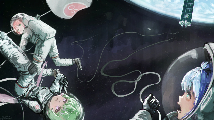 2boys, 3girls, blue_eyes, blue_hair, cable, earth_(planet), floating, gloves