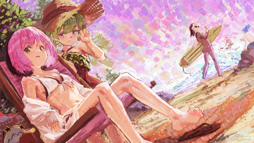 2boys, 3girls, barefoot, beach, beach_chair, bikini, dorsiflexion, foot_out_of_frame