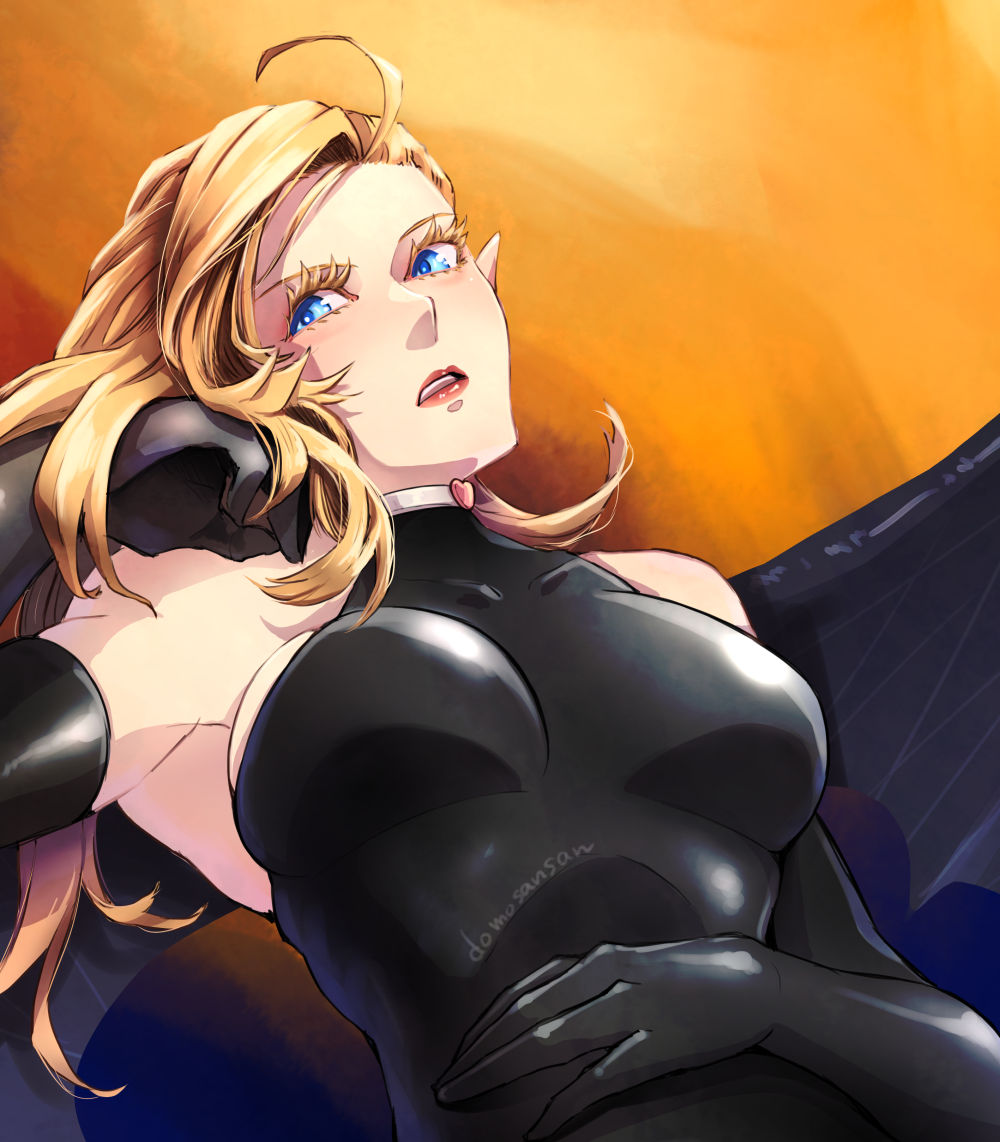 1girl, bare_shoulders, bat_wings, black_gloves, black_wings, blonde_hair, blue_eyes, colored_eyelashes