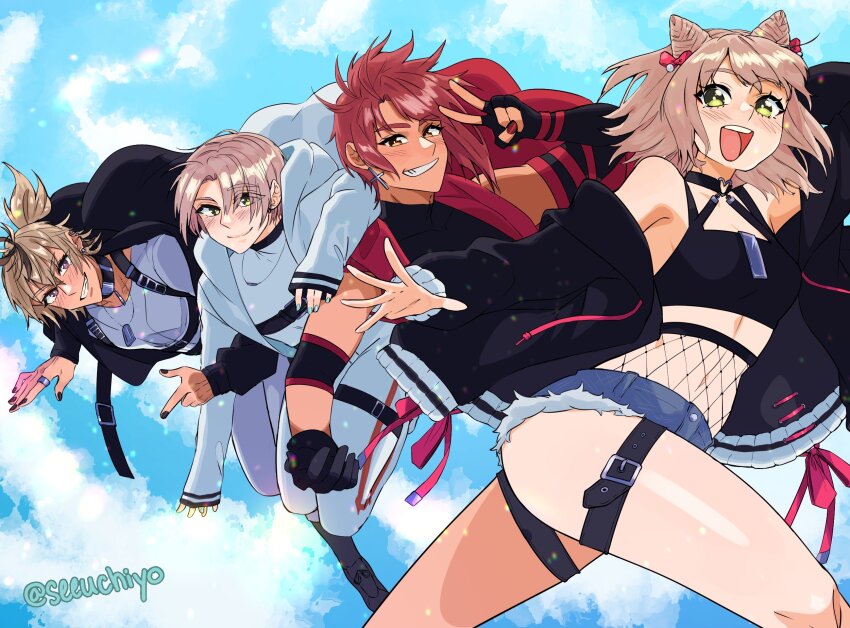 1girl, 3boys, :d, andi_(synthesizer_v), anri_(synthesizer_v), aqua_nails, black_choker, black_gloves, black_hair, black_jacket, black_nails, blonde_hair, blue_shorts, blush, choker, closed_mouth, commentary, cone_hair_bun, double_bun, fishnets, gloves, green_eyes, grin, hair_bun, heart, heart_choker, highres, jacket, jewelry, jun_(synthesizer_v), looking_at_viewer, multicolored_hair, multiple_boys, necklace, noa_(synthesizer_v), open_clothes, open_jacket, open_mouth, purple_eyes, red_hair, red_nails, ring, seeuchiyo, shirt, shorts, smile, streaked_hair, synthesizer_v, tan, teeth, tongue, torn_clothes, twitter_username, upper_teeth_only, v, white_jacket, white_shirt, yellow_eyes