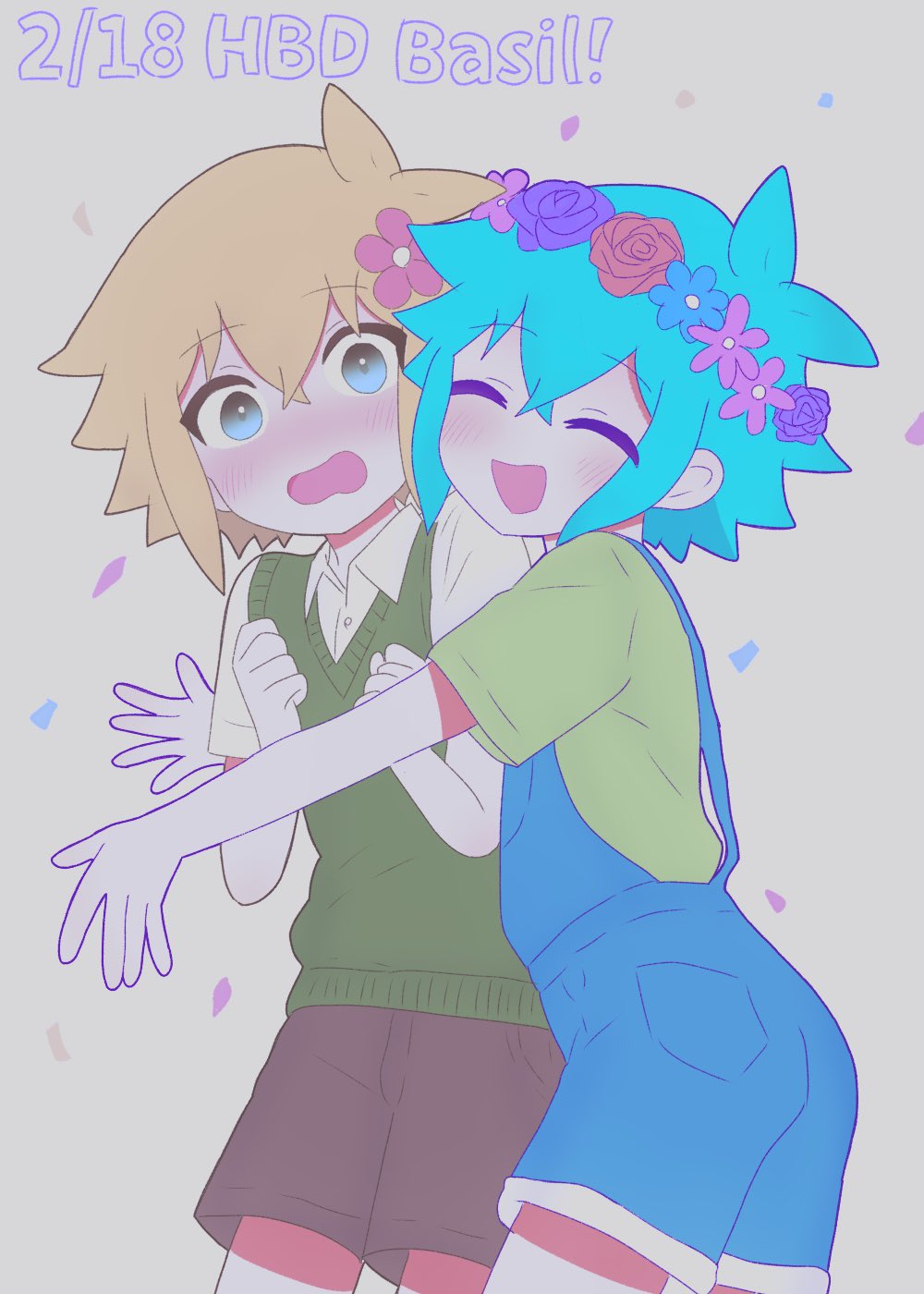 2boys, antenna_hair, basil_(faraway)_(omori), basil_(headspace)_(omori), basil_(omori), blonde_hair, blue_eyes, blue_overalls