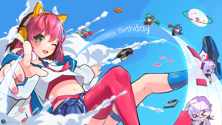 2boys, 3girls, animal_ear_headphones, animal_ears, belt, blue_background, blue_skirt, cat_ear_headphones