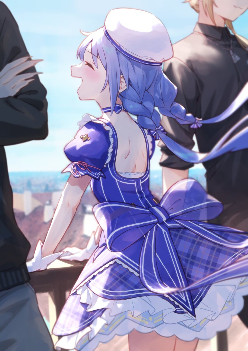 1girl, 2boys, absurdres, against_railing, argyle_clothes, argyle_dress, back_bow, backless_dress