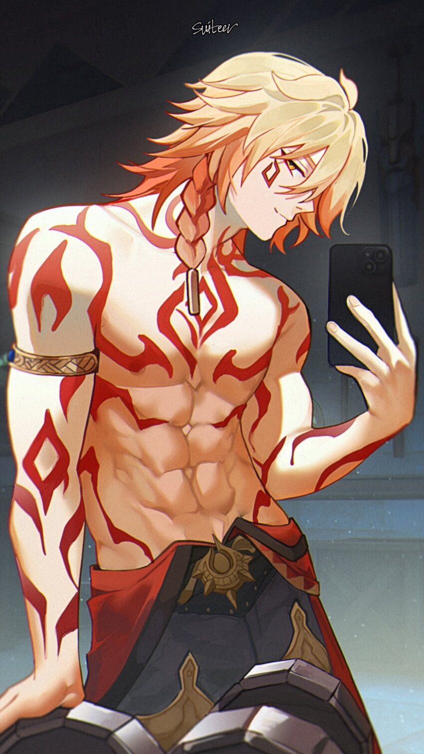 1boy, abs, arm_support, arm_tattoo, armlet, artist_name, belt, black_pants