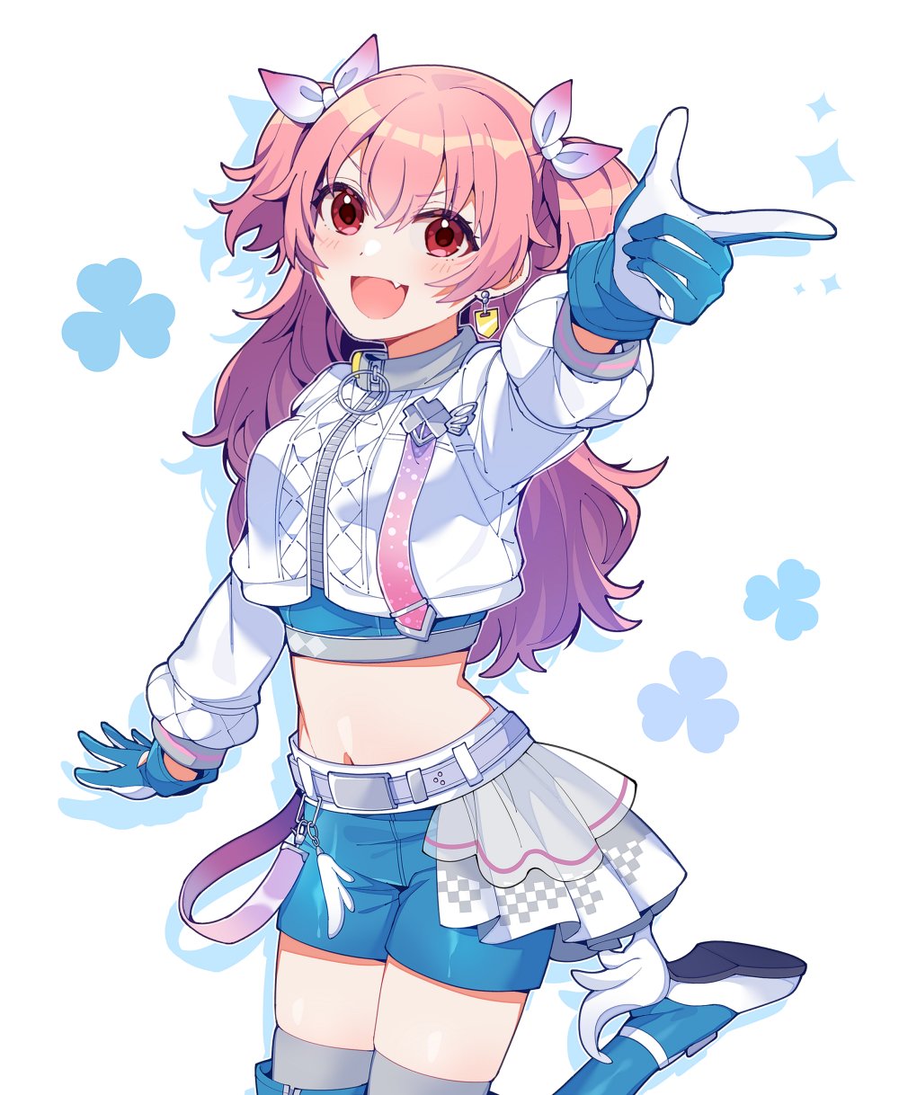 1girl, :d, belt, blue_gloves, boots, crop_top, cropped_jacket, earrings