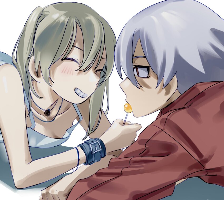 1boy, 1girl, blonde_hair, blush, bracelet, camisole, candy, closed_eyes, food, highres, holding, holding_candy, holding_food, holding_lollipop, jacket, jewelry, leather_wrist_straps, lollipop, maka_albarn, necklace, nyanyanyannyy, red_eyes, red_jacket, smile, soul_eater, soul_evans, twintails, white_camisole, white_hair