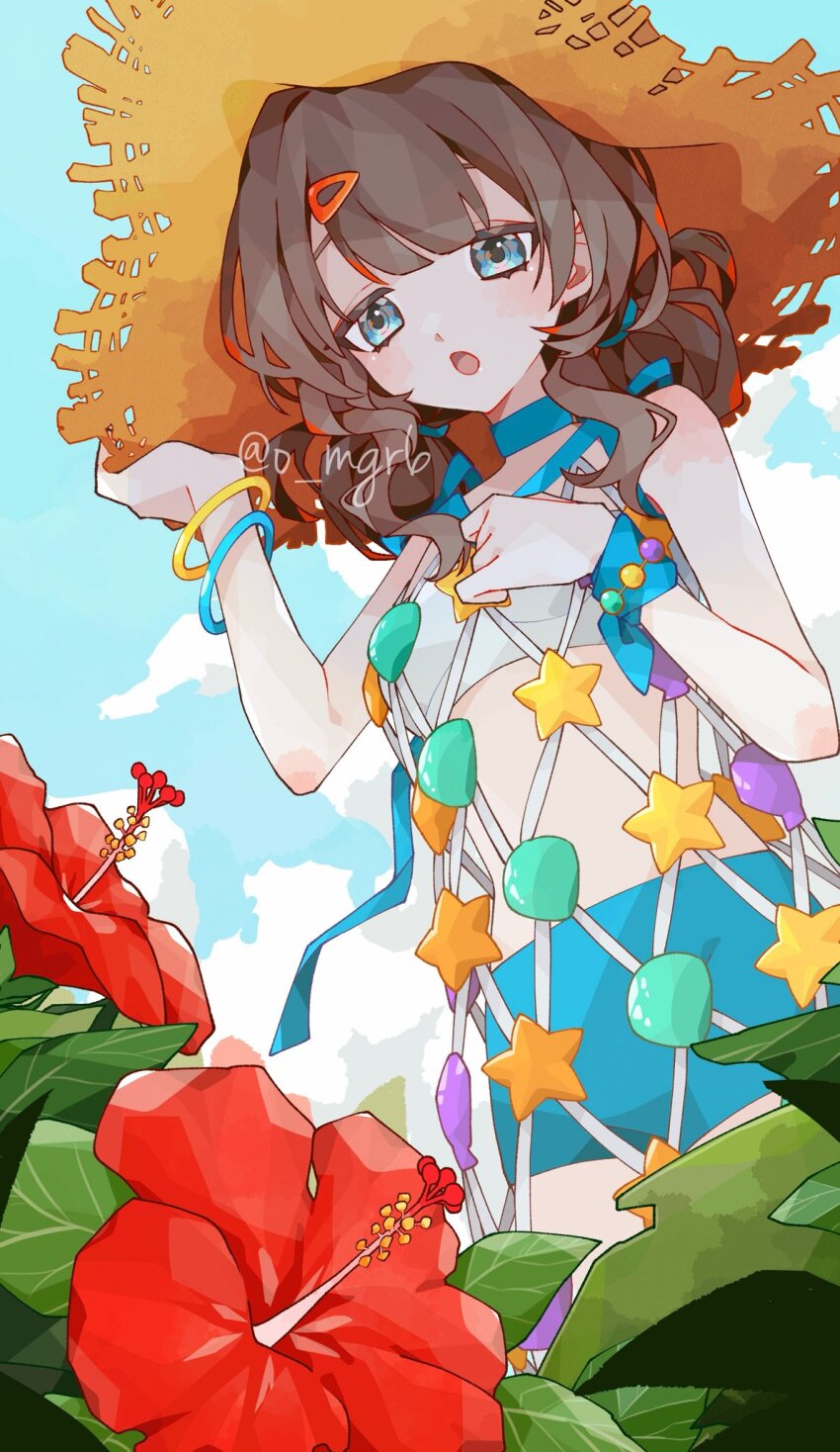 1girl, :o, blue_bow, blue_choker, blue_eyes, blue_shorts, blue_sky, bow