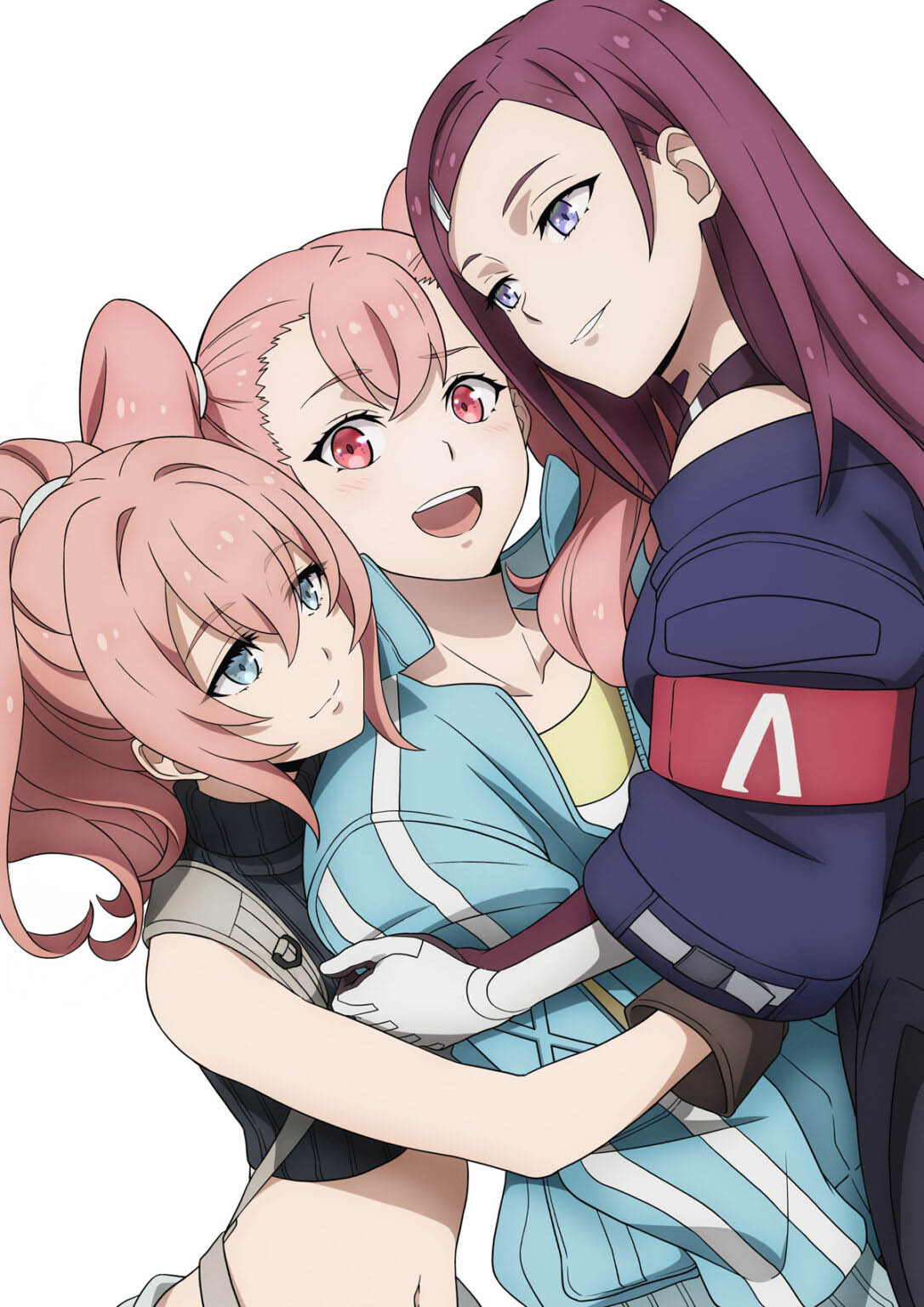 3girls, ange_(synduality), armband, bare_arms, bare_shoulders, belt, center-flap_bangs, chest_harness