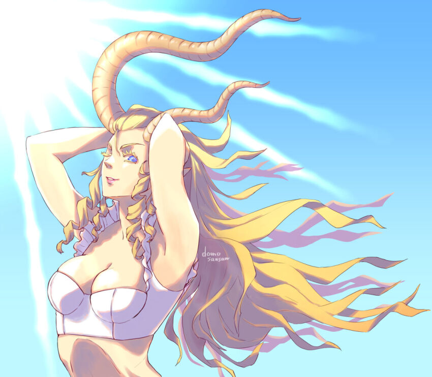 1girl, arms_behind_head, arms_up, asymmetrical_horns, bare_shoulders, blonde_hair, blue_eyes, breasts