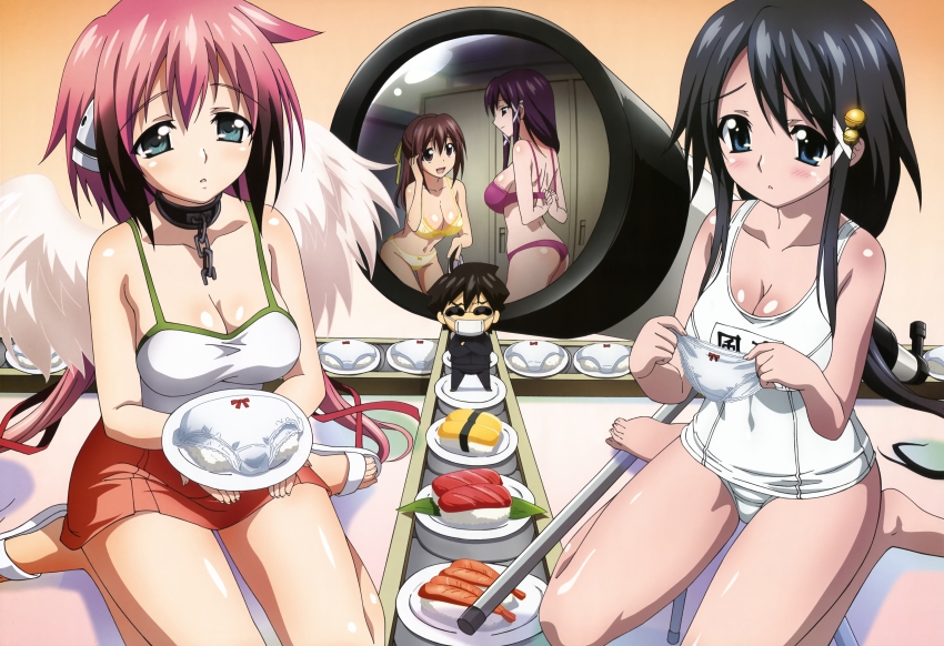4girls, absurdres, ahoge, angel_wings, ass, bell, black_hair, blue_eyes, blush, bra, breasts, brown_eyes, brown_hair, chibi, choker, cleavage, food, green_eyes, hair_ribbon, highres, ikaros, kawai_momoko, kazane_hiyori, large_breasts, legs, lingerie, long_hair, mitsuki_sohara, multiple_girls, multiple_panties, non-web_source, nyantype, official_art, one-piece_swimsuit, panties, pink_hair, purple_bra, purple_hair, purple_panties, reflection, ribbon, sakurai_tomoki, satsukitane_mikako, scan, school_swimsuit, shiny_skin, sideboob, sitting, sora_no_otoshimono, sunglasses, sushi, swimsuit, telescope, underwear, underwear_only, undressing, wariza, white_one-piece_swimsuit, white_school_swimsuit, wings, yellow_bra, yellow_panties