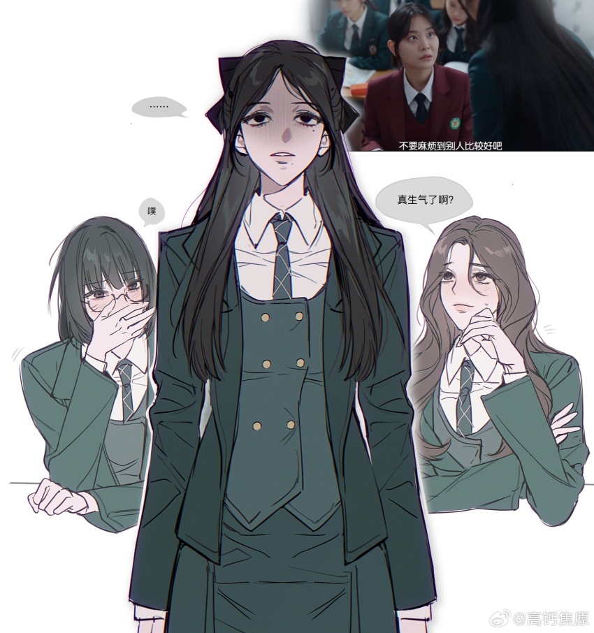 ..., 4girls, black_bow, black_hair, bow, brown_hair, chinese_text, choi_kyung