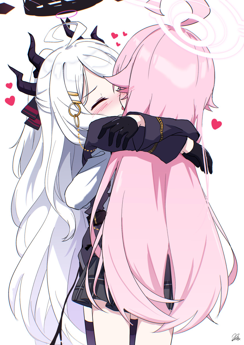 2girls, absurdres, ahoge, black_gloves, black_halo, black_horns, blue_archive, closed_eyes, demon_girl, demon_horns, demon_wings, forehead, gloves, grey_skirt, hair_ornament, hairclip, halo, heart, highres, hina_(blue_archive), horns, hoshino_(blue_archive), hug, huge_ahoge, kiroshi, kiss, long_sleeves, low_wings, miniskirt, multiple_girls, multiple_horns, parted_bangs, pink_hair, pink_halo, plaid_clothes, plaid_skirt, pleated_skirt, skirt, standing, white_hair, wings, yuri