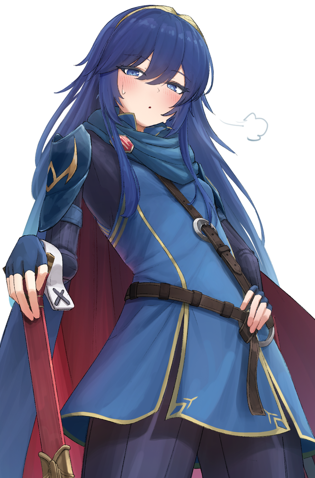 1girl, belt, blue_cape, blue_eyes, blue_hair, blue_pants, blue_sleeves, blush