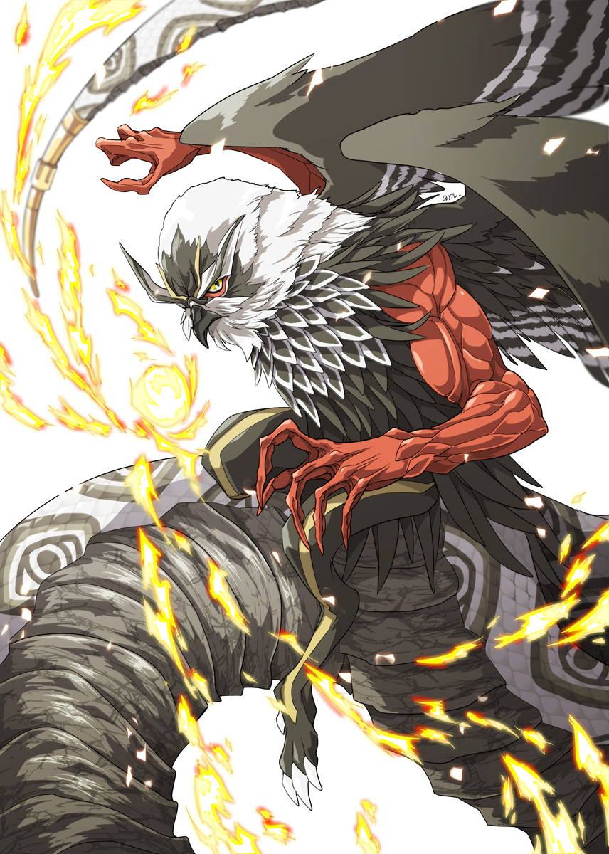 1boy, am_(blackant), amon_(megami_tensei), bird_boy, black_wings, claws, colored_skin, commentary_request