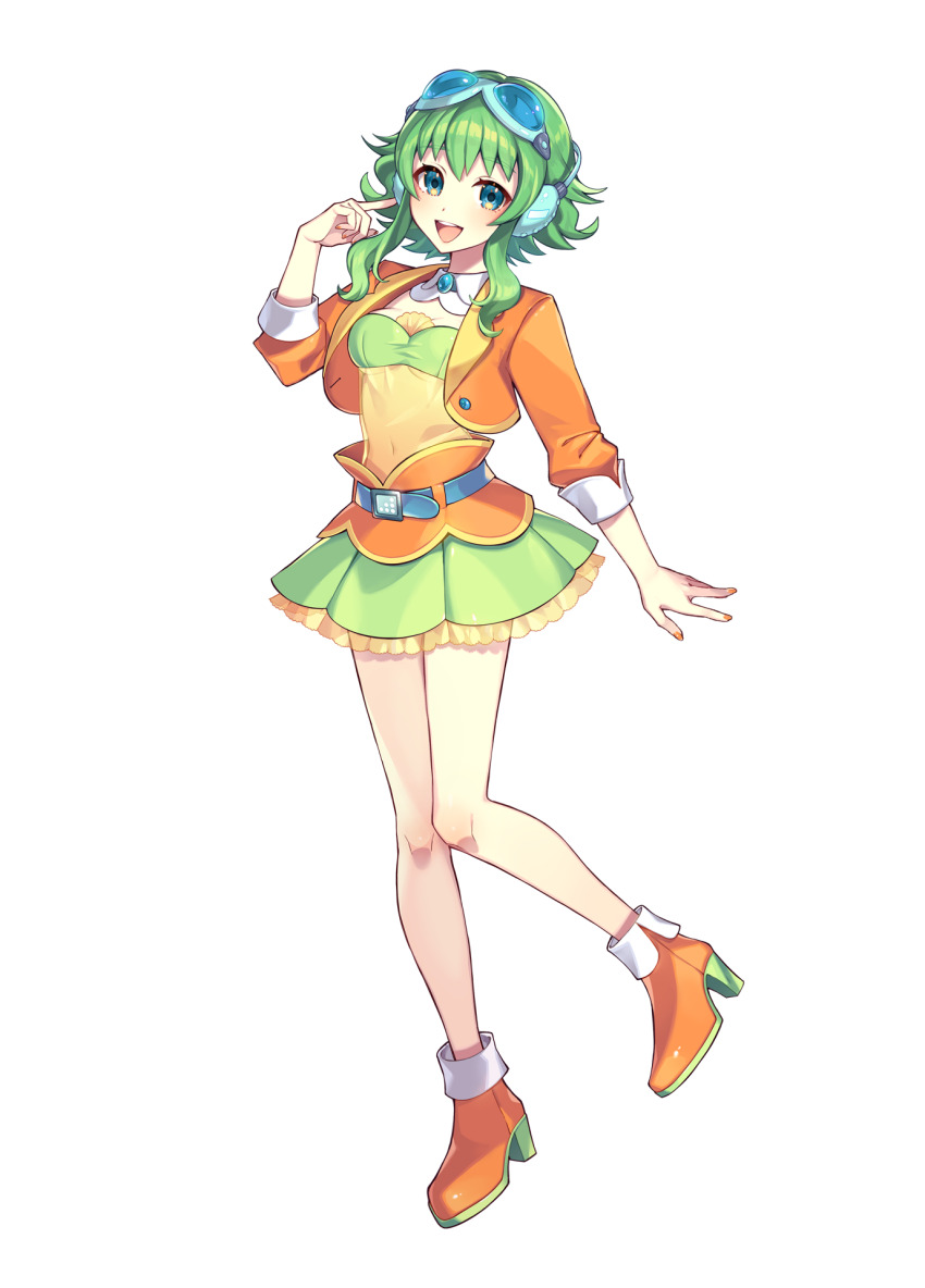 1girl, arm_up, bare_legs, belt, blue-tinted_eyewear, boots, brooch, frilled_skirt, frills, full_body, goggles, goggles_on_head, green_eyes, green_hair, green_skirt, green_tube_top, gumi, gumi_(sv), hand_in_own_hair, hand_up, headphones, high_heels, highres, jacket, jewelry, layered_skirt, looking_at_viewer, medium_hair, nou_(nounknown), official_art, open_clothes, open_jacket, open_mouth, orange_boots, orange_jacket, orange_skirt, pleated_skirt, second-party_source, shirt, sidelocks, skirt, smile, solo, strapless, synthesizer_v, teeth, tinted_eyewear, transparent_background, tube_top, upper_teeth_only, variant_set, vocaloid, yellow_shirt
