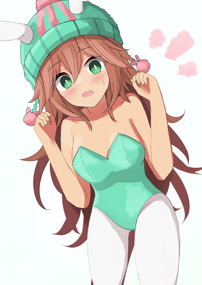 1girl, absurdres, alternate_costume, beanie, blush, breasts, brown_hair, cleavage