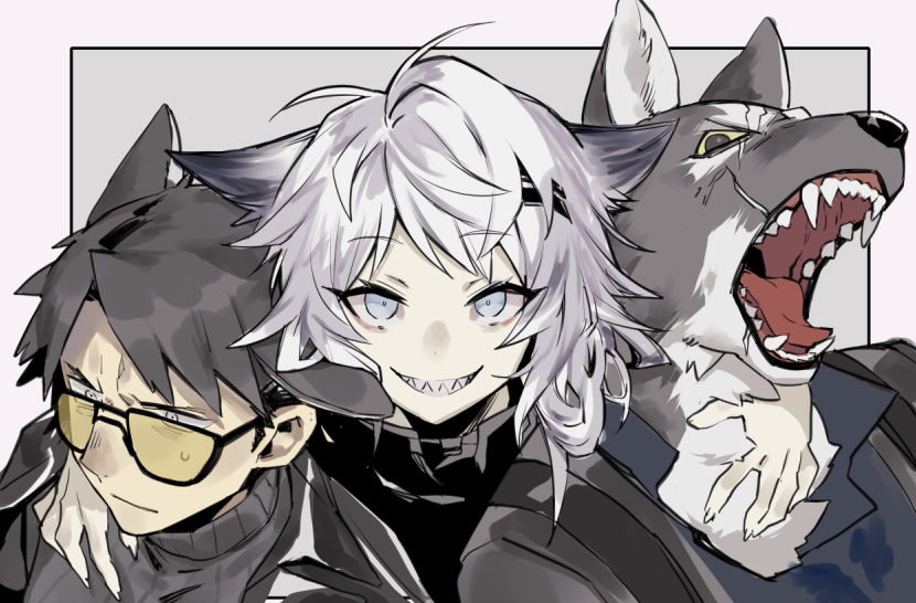 1girl, 2boys, animal_ears, arknights, arms_around_neck, black_fur, black_hair, black_jacket