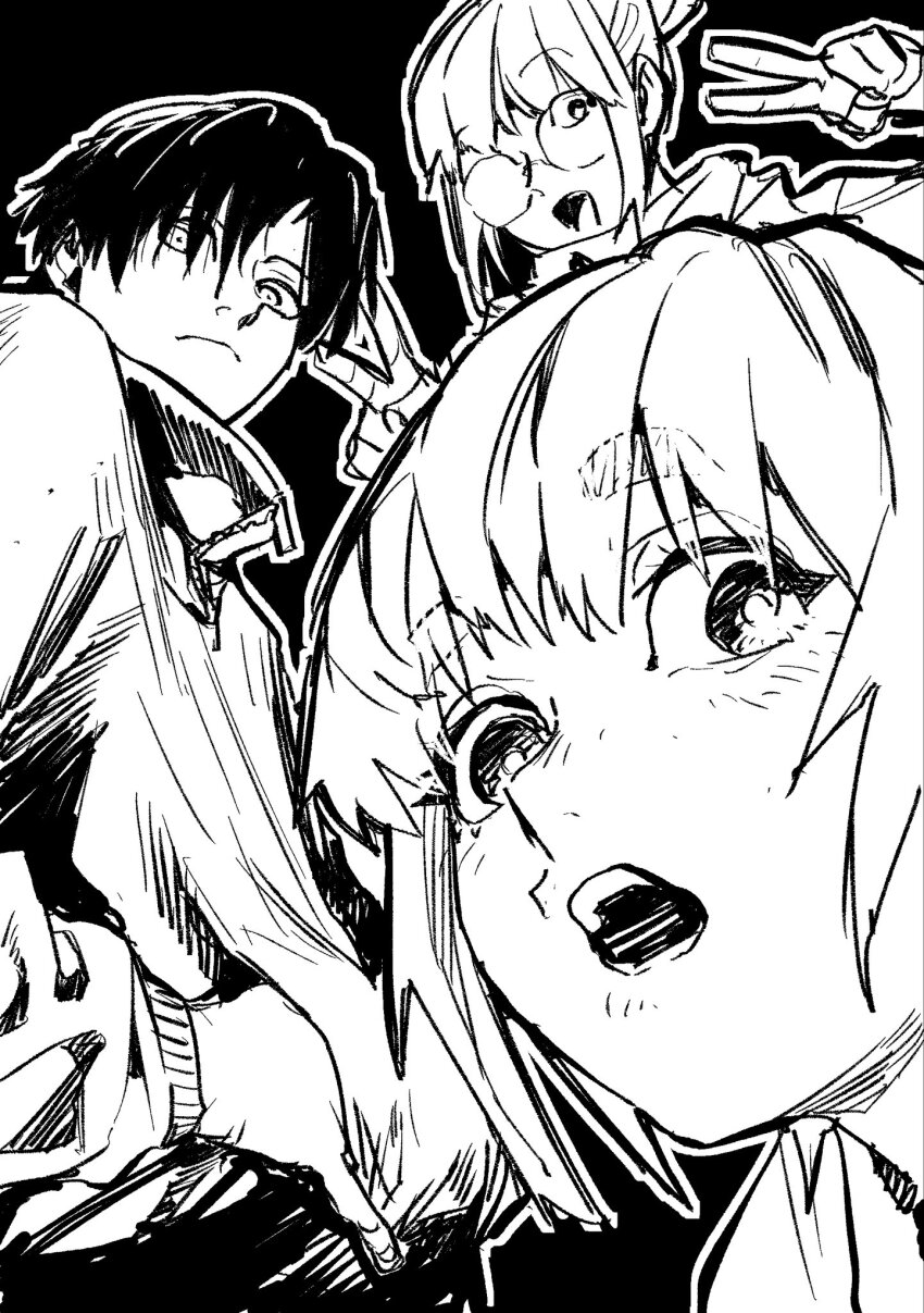 1girl, 2boys, black_background, black_hair, blonde_hair, closed_mouth, collared_shirt, glasses, greyscale, highres, juujika_no_rokunin, kawana_mimi, kitami_kougo, long_hair, looking_at_viewer, monochrome, multiple_boys, official_art, open_mouth, serious, shirt, shiryu_nakatake, smile, v, very_long_hair, white_hair