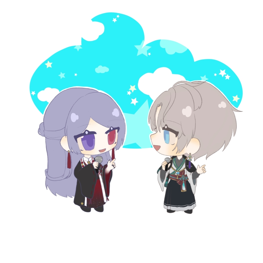 2boys, black_cape, black_hakama, black_jacket, black_shoes, blue_ribbon, blue_sky, bracer, cape, chibi, cloud, collared_shirt, earrings, eyelashes, flower_knot, fuzi_nishina, genzuki_toujirou, genzuki_toujirou_(2nd_costume), hair_bun, hakama, hakama_pants, haori, heterochromia, highres, holding, holding_microphone, jacket, japanese_clothes, jewelry, kaida_haru, kaida_haru_(4th_costume), kimono, light_blush, long_hair, looking_at_another, male_focus, microphone, multiple_boys, music, nijisanji, open_mouth, outline, pants, purple_eyes, purple_hair, red_eyes, red_hakama, ribbon, shirt, shoes, short_kimono, singing, single_hair_bun, sky, smile, standing, star_(symbol), straight_hair, tassel, tassel_earrings, very_long_hair, virtual_youtuber, waist_ribbon, white_background, white_kimono, white_outline, white_shirt