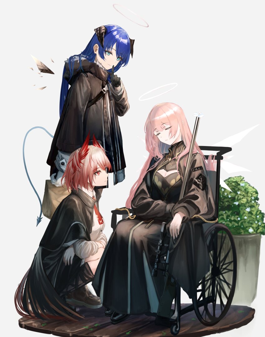 3girls, absurdres, alt_text, amamiya_(1201hlx), arknights, ascot, bag, black_dress