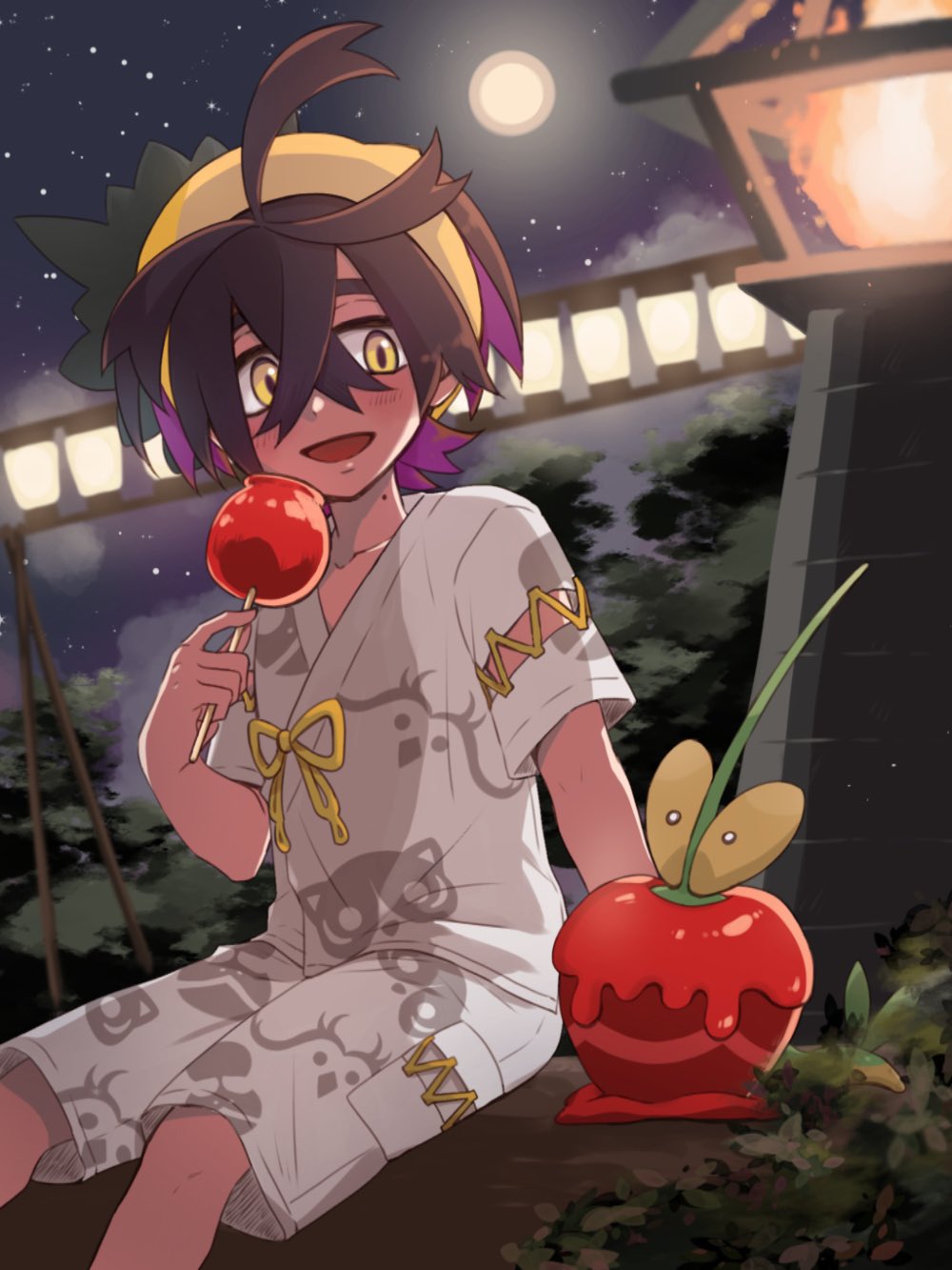 1boy, black_hair, candy_apple, cloud, crossed_bangs, dipplin, food, hair_between_eyes