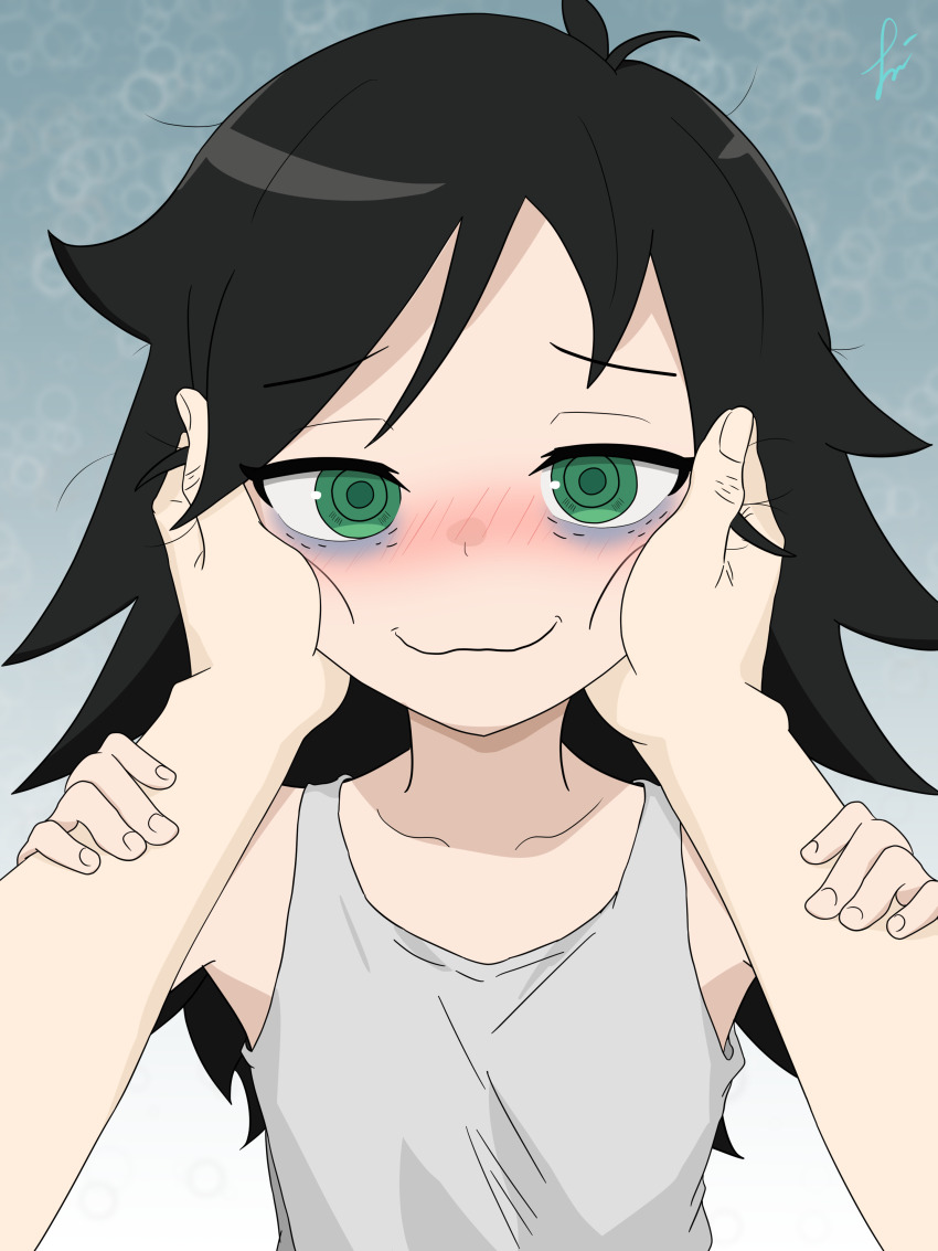 1girl, absurdres, ahoge, armpits, bags_under_eyes, bare_shoulders, black_hair, blush, clenched_hands, collarbone, cuddling, facing_viewer, female_focus, fingernails, flat_chest, green_eyes, hands_on_another's_face, hands_up, happy, highres, isashamoko, kuroki_tomoko, long_hair, looking_at_viewer, messy_hair, neck, pov, pov_adoring, pov_hands, shirt, sidelocks, sleeveless, sleeveless_shirt, smile, swept_bangs, upper_body, watashi_ga_motenai_no_wa_dou_kangaetemo_omaera_ga_warui!