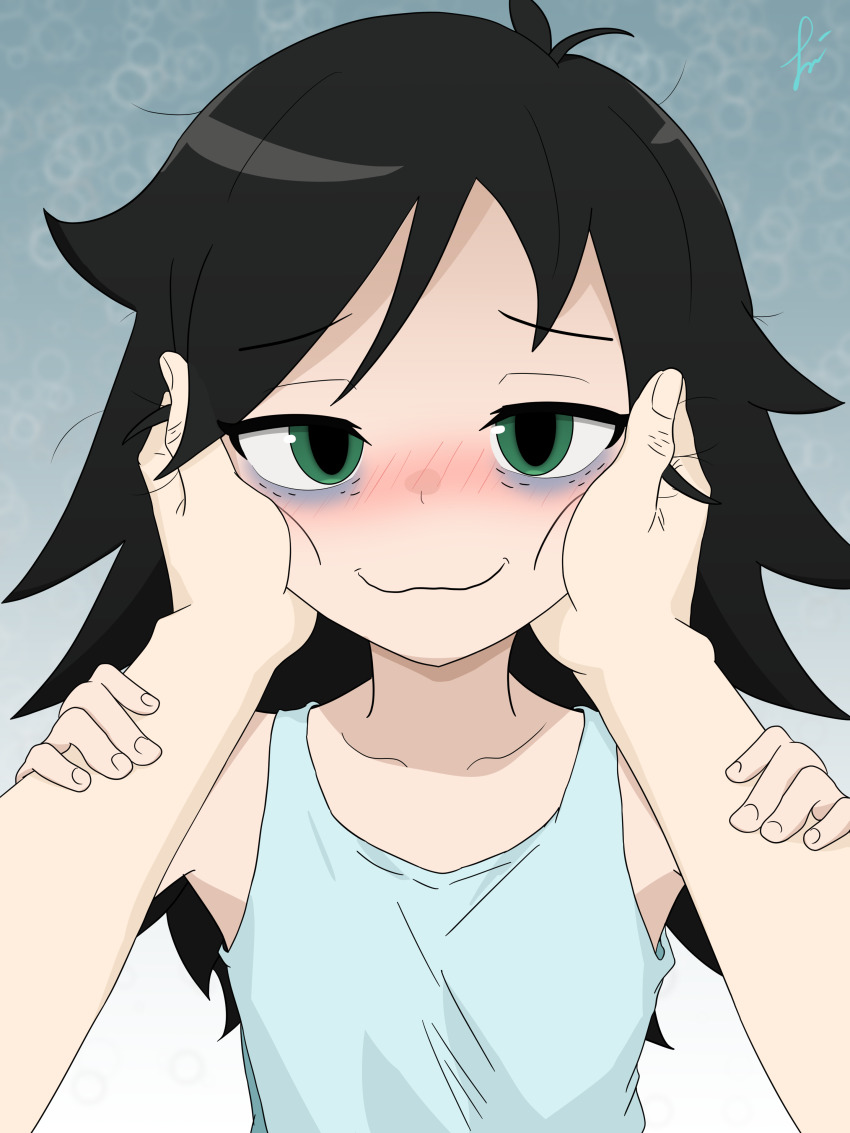 1girl, absurdres, ahoge, armpits, bags_under_eyes, bare_shoulders, black_hair, blush, clenched_hands, collarbone, cuddling, facing_viewer, female_focus, fingernails, flat_chest, green_eyes, hands_on_another's_face, hands_up, happy, highres, isashamoko, kuroki_tomoko, long_hair, looking_at_viewer, messy_hair, neck, pov, pov_adoring, pov_hands, shirt, sidelocks, sleeveless, sleeveless_shirt, smile, swept_bangs, upper_body, watashi_ga_motenai_no_wa_dou_kangaetemo_omaera_ga_warui!