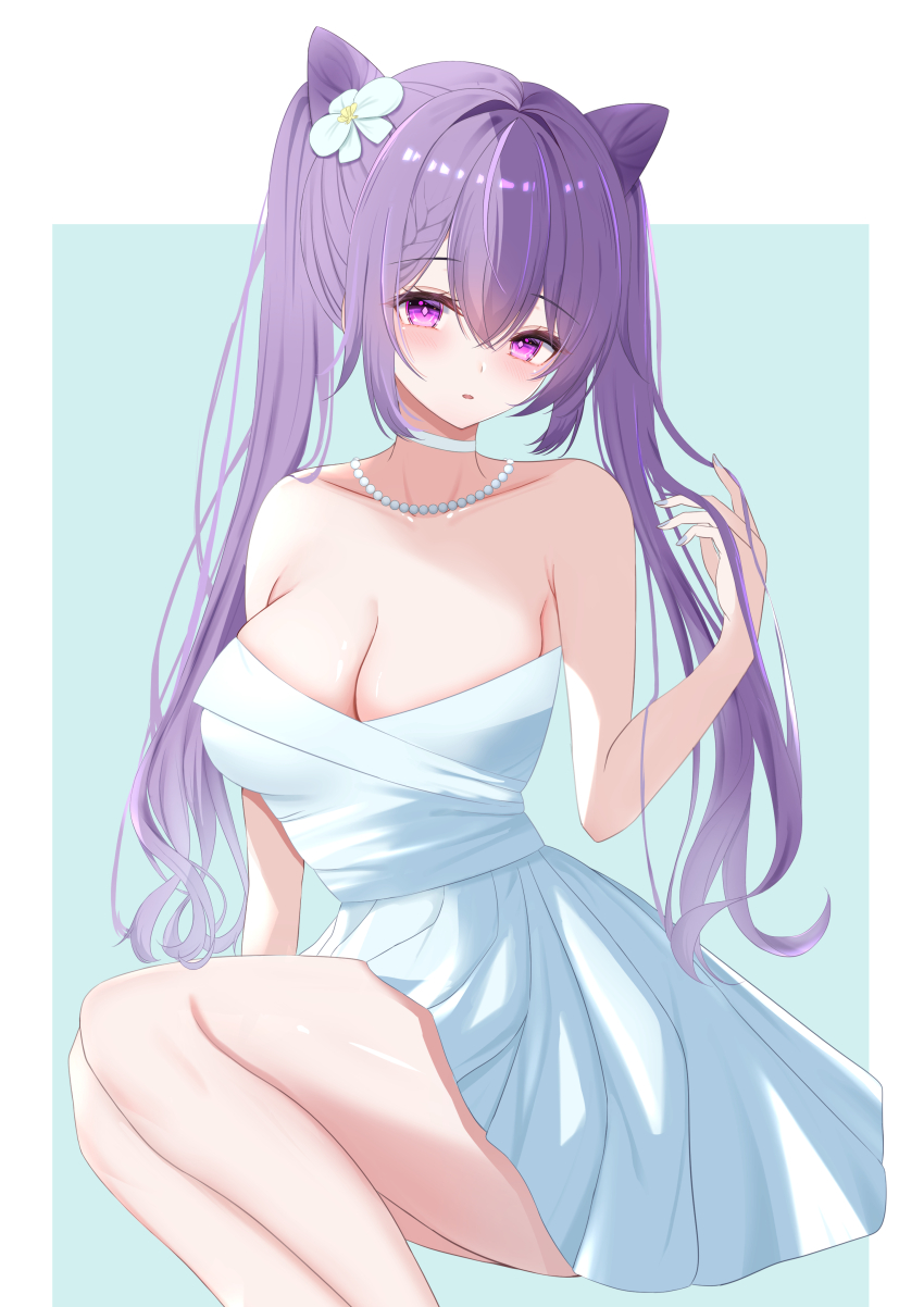 1girl, absurdres, breasts, cone_hair_bun, diamond-shaped_pupils, diamond_(shape), double_bun, genshin_impact, hair_bun, hair_ears, hanaki_q, highres, keqing_(genshin_impact), purple_eyes, purple_hair, symbol-shaped_pupils, twintails