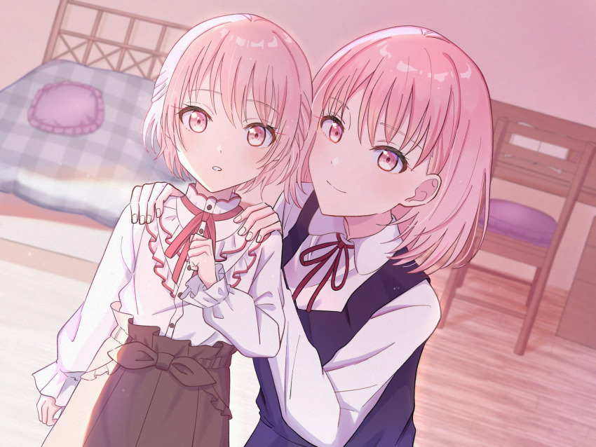 1girl, 1other, aged_down, akiyama_mizuki, akiyama_yuuki, aose_(aose_pp), arm_at_side, bed