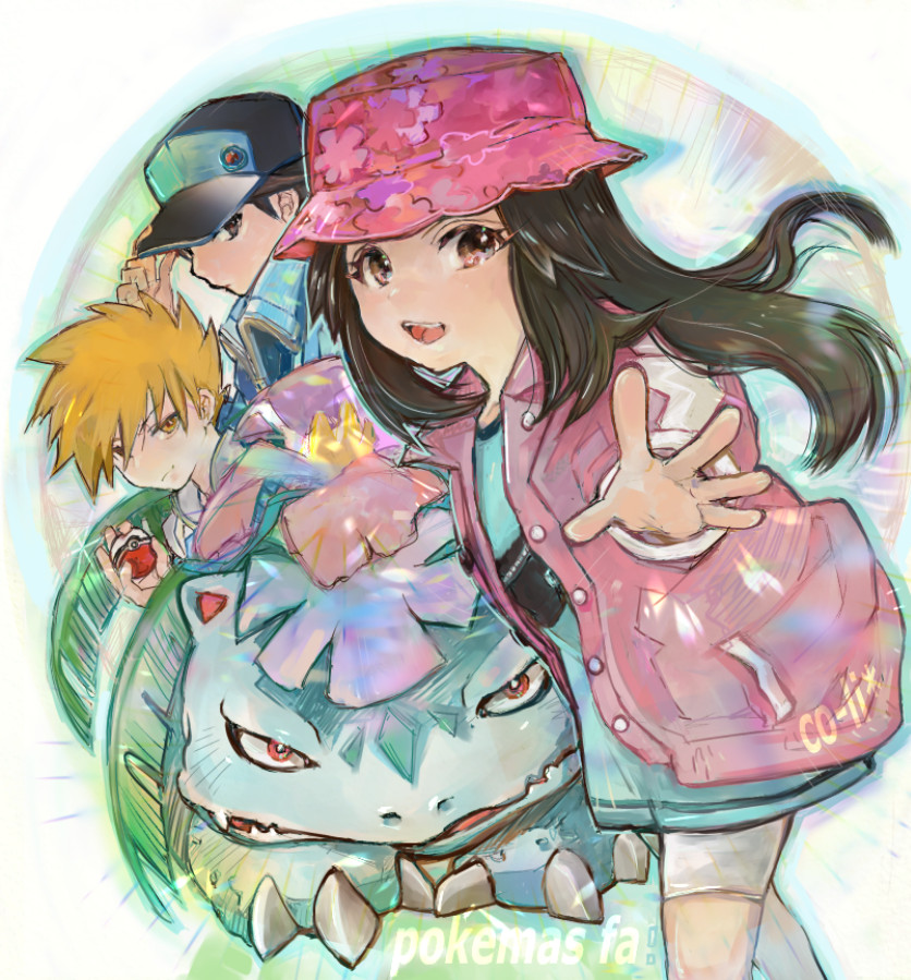 1girl, 2boys, baseball_cap, blue_dress, blue_oak, blue_oak_(sygna_suit), brown_eyes, brown_hair