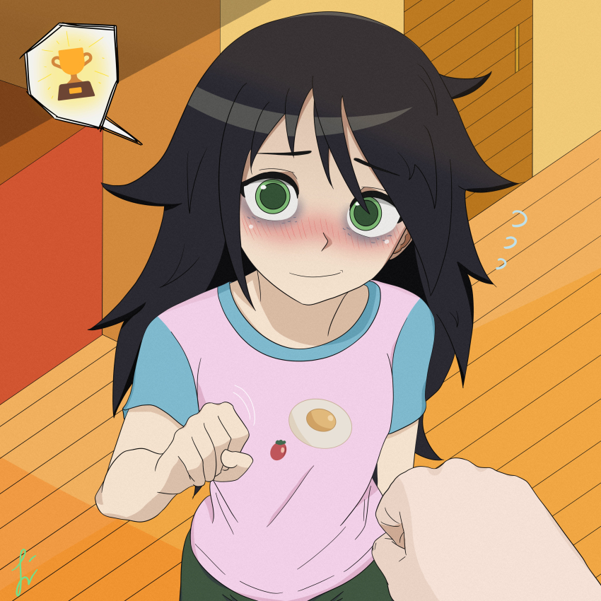 1girl, absurdres, ahoge, arm_at_side, bags_under_eyes, black_hair, blush, casual