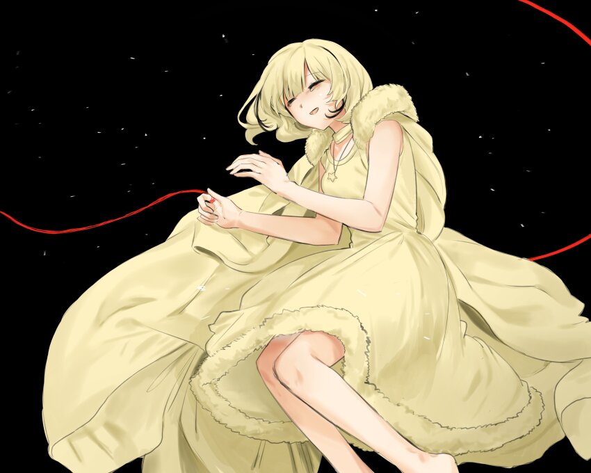 1girl, absurdres, barefoot, black_background, blonde_hair, breasts, cape, closed_eyes