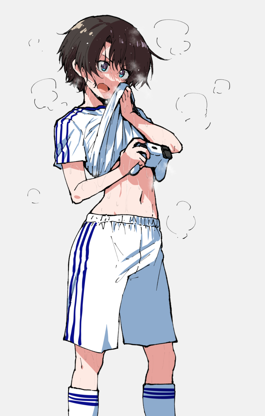 1girl, alternate_costume, asymmetrical_bangs, black_hair, blue_eyes, blue_shirt, blue_shorts, blue_socks