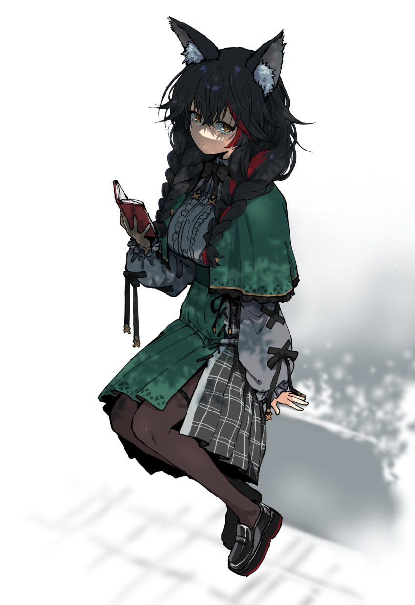 1girl, animal_ear_fluff, animal_ears, black_bow, black_bowtie, black_hair, black_shoes, book, bow, bowtie, braid, breasts, brown_pantyhose, capelet, center_frills, closed_mouth, colored_shoe_soles, commentary, cross-laced_clothes, cross-laced_sleeves, crossed_bangs, dappled_sunlight, expressionless, framed_breasts, frilled_shirt, frilled_sleeves, frills, full_body, green_capelet, green_skirt, grey_shirt, grey_skirt, hair_between_eyes, henriiku_(ahemaru), high-waist_skirt, highres, holding, holding_book, hololive, loafers, long_hair, long_sleeves, looking_at_viewer, low_twin_braids, medium_breasts, multicolored_hair, official_alternate_costume, official_alternate_hairstyle, ookami_mio, ookami_mio_(8th_costume), open_book, orange_eyes, pantyhose, plaid_clothes, plaid_skirt, pleated_skirt, red_hair, shade, shirt, shirt_tucked_in, shoes, simple_background, sitting, skirt, sleeve_ribbon, sleeves_past_wrists, solo, streaked_hair, sunlight, thigh_strap, twin_braids, two-tone_hair, two-tone_skirt, virtual_youtuber, white_background, wolf_ears, wolf_girl