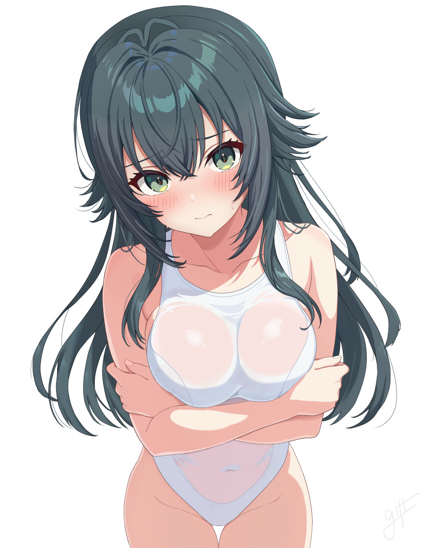 1girl, absurdres, black_hair, breasts, chinese_commentary, commentary_request, cowboy_shot, crossed_arms, gakuen_idolmaster, green_eyes, highres, idolmaster, large_breasts, long_hair, looking_at_viewer, one-piece_swimsuit, see-through_clothes, see-through_one-piece_swimsuit, shen_bi_ren_(pixiv56919482), simple_background, solo, swimsuit, thigh_gap, tsukimura_temari, white_background, white_one-piece_swimsuit