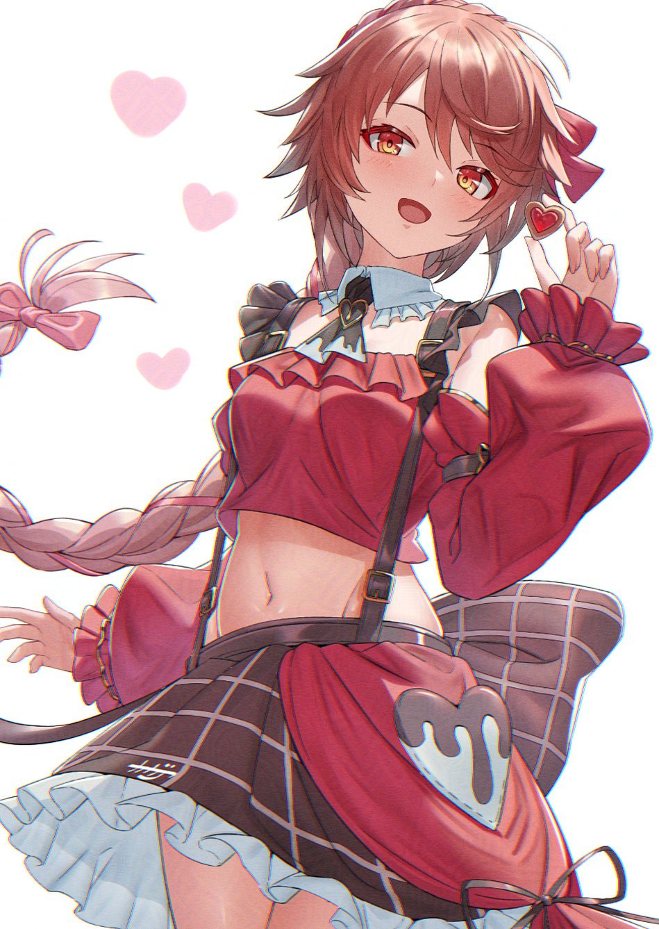 1girl, arpeggio_kaga, bare_shoulders, braid, brown_skirt, cowboy_shot, crop_top, detached_collar, detached_sleeves, fenie_(granblue_fantasy), frilled_skirt, frills, granblue_fantasy, hand_up, heart, highres, long_hair, long_sleeves, looking_at_viewer, midriff, navel, open_mouth, orange_eyes, orange_hair, red_shirt, shirt, single_braid, skirt, sleeveless, sleeveless_shirt, smile, solo, stomach, suspenders, very_long_hair