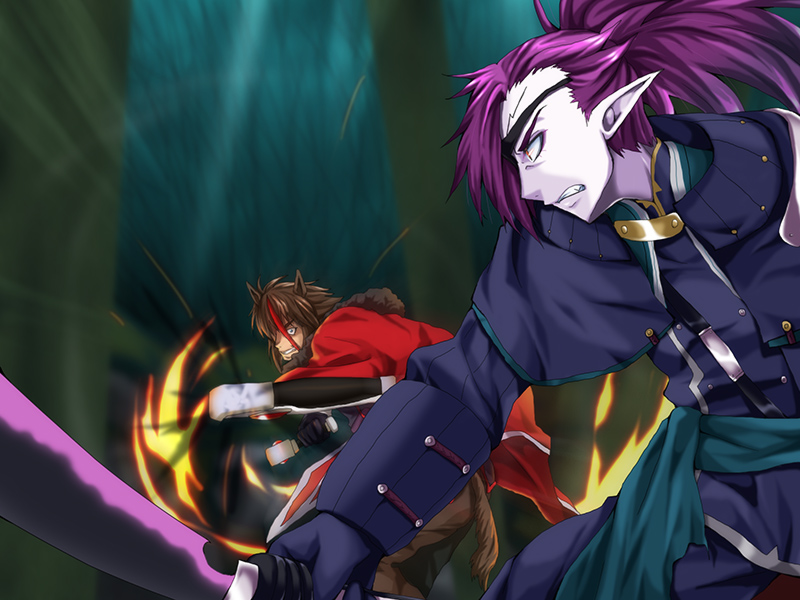 2boys, animal_ears, blue_jacket, blurry, blurry_background, brown_hair, cape, eyepatch