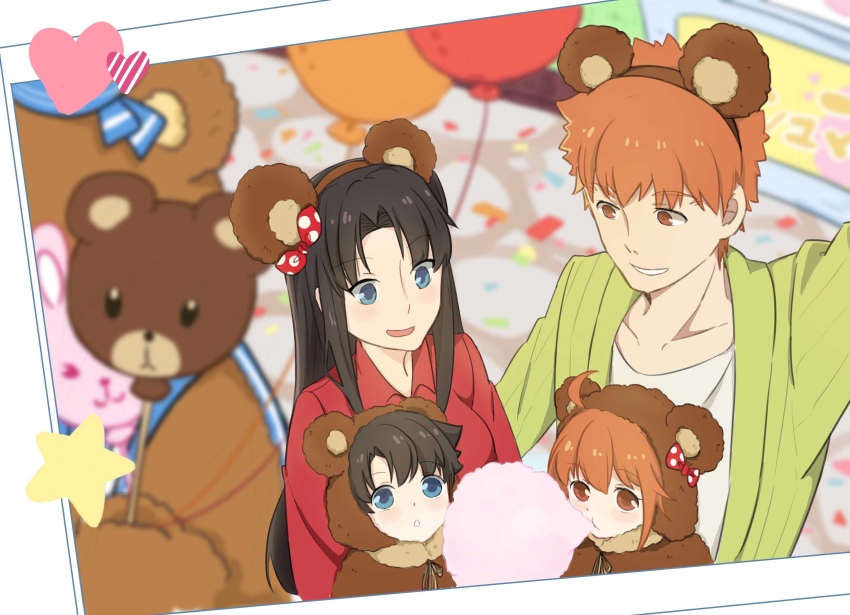 2boys, 2girls, absurdres, aged_down, ahoge, animal_ears, animal_hood, bear_ears
