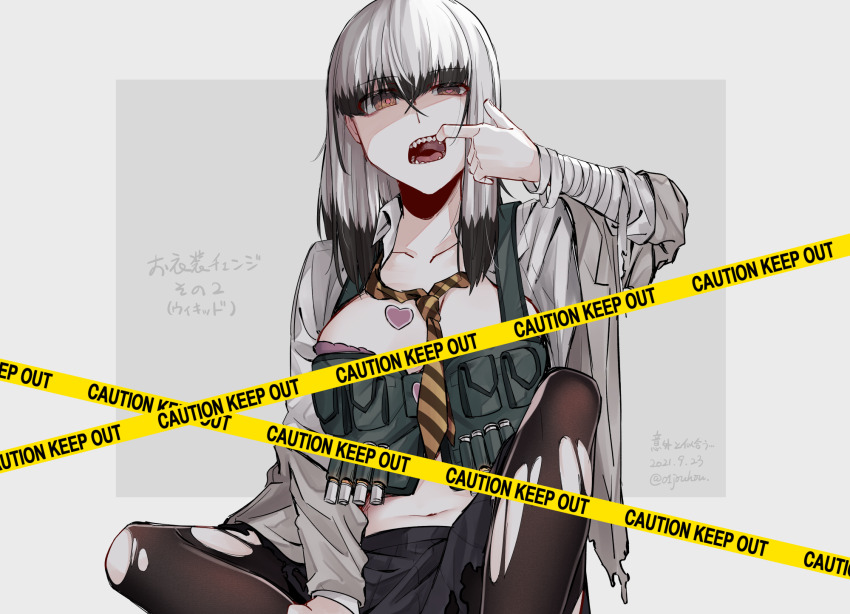 1girl, bandaged_arm, bandages, black_pantyhose, black_skirt, blunt_bangs, border, breasts, brown_eyes, brown_necktie, bulletproof_vest, caligula_(game), caligula_(series), caution_tape, cleavage, collarbone, collared_shirt, colored_tips, commentary_request, cosplay, dated, diagonal-striped_clothes, diagonal-striped_necktie, finger_in_own_mouth, fuchigami_mai, grey_background, grey_jacket, highres, jacket, jouhou, long_sleeves, looking_at_viewer, medium_breasts, medium_hair, mizuguchi_marie, mizuguchi_marie_(cosplay), mouth_pull, multicolored_hair, navel, necktie, open_clothes, open_jacket, open_mouth, open_shirt, outside_border, pantyhose, pink_pupils, satsuki_yomi, shaded_face, shirt, simple_background, sitting, skirt, solo, stomach, striped_clothes, teeth, toji_no_miko, torn_clothes, torn_pantyhose, torn_skirt, translation_request, twitter_username, uneven_eyes, voice_actor_connection, white_border, white_hair, white_shirt