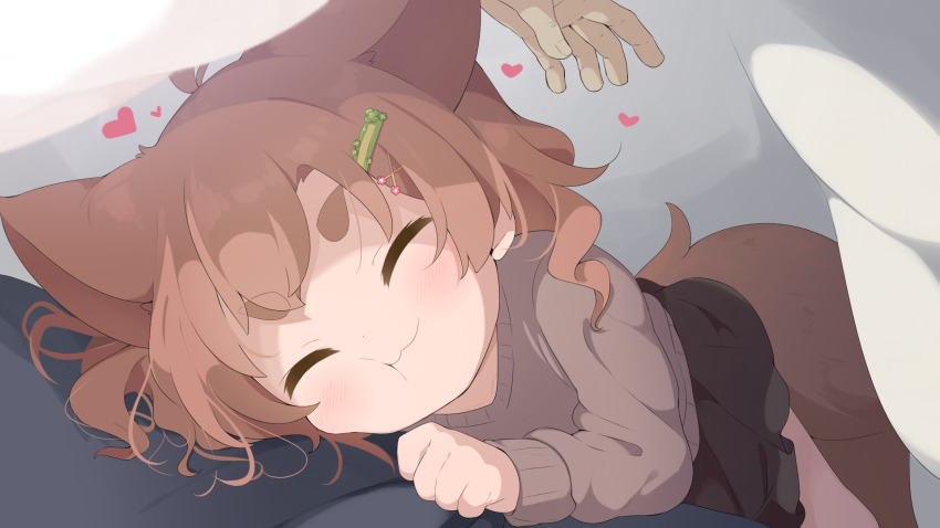 1boy, 1girl, ahoge, animal_ears, black_skirt, blanket, blush, brown_hair