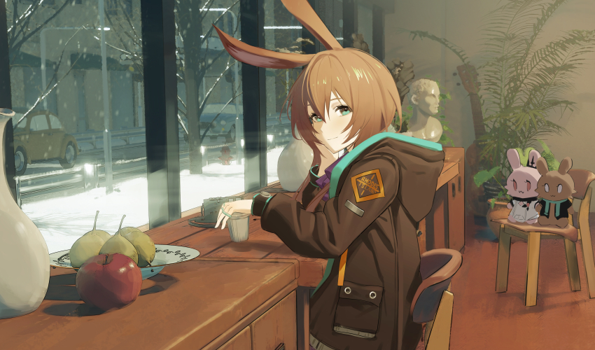 1girl, absurdres, amiya_(arknights), animal_ears, apple, arknights, brown_hair, brown_jacket