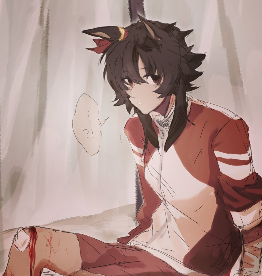 !?, ..., 1girl, animal_ears, bandaid, bandaid_on_knee, bandaid_on_leg, bitter_glasse_(umamusume)