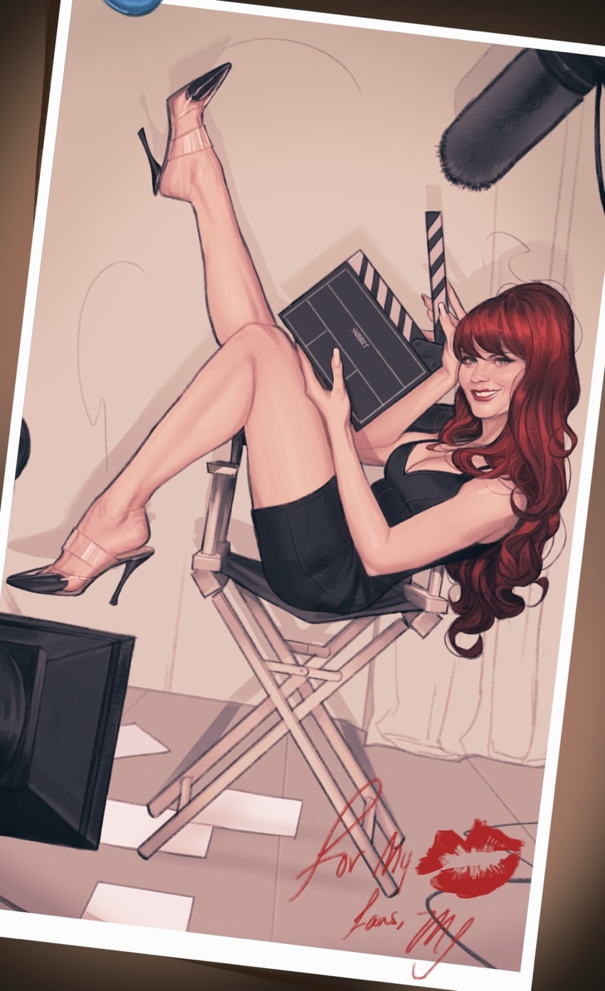 1girl, black_dress, black_high_heels, breasts, chair, clapperboard, cleavage, dress