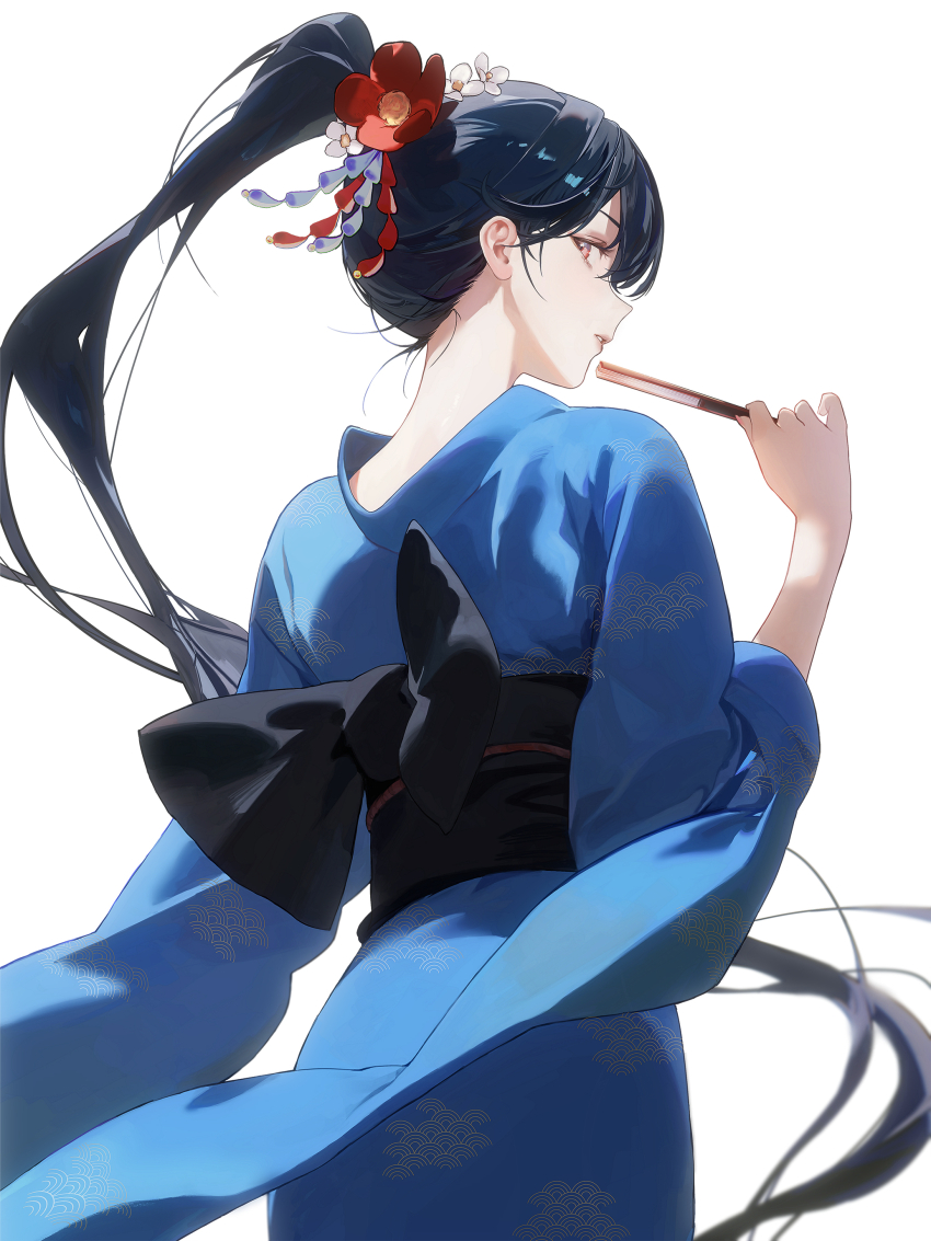 1girl, absurdres, black_hair, flower, folding_fan, hair_flower, hair_ornament, hand_fan