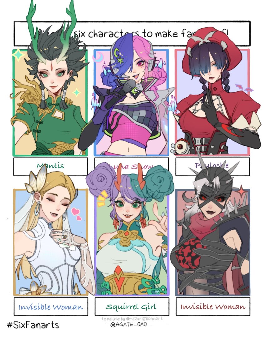 alien, antennae, armor, bandaged_head, bandages, black_gloves, black_hair, black_sclera, blonde_hair, blue_eyes, braid, breasts, closed_mouth, colored_sclera, dress, elbow_gloves, fantastic_four, fukuro090, gloves, grey_hair, guardians_of_the_galaxy, hair_over_one_eye, hat, highres, jewelry, leotard, long_hair, looking_at_viewer, luna_snow, luna_snow_(mirae_2099), malice_(sue_storm), mantis_(marvel), marvel, marvel_rivals, multicolored_bodysuit, multiple_girls, official_alternate_costume, open_mouth, psylocke, psylocke_(blood_kariudo), red_eyes, red_scarf, scarf, short_hair, shoulder_spikes, smile, spiked_armor, spiked_helmet, spikes, squirrel_girl_(marvel), sue_storm, sue_storm_(the_life_fantastic), twin_braids, two-tone_bodysuit, wedding_dress, x-men