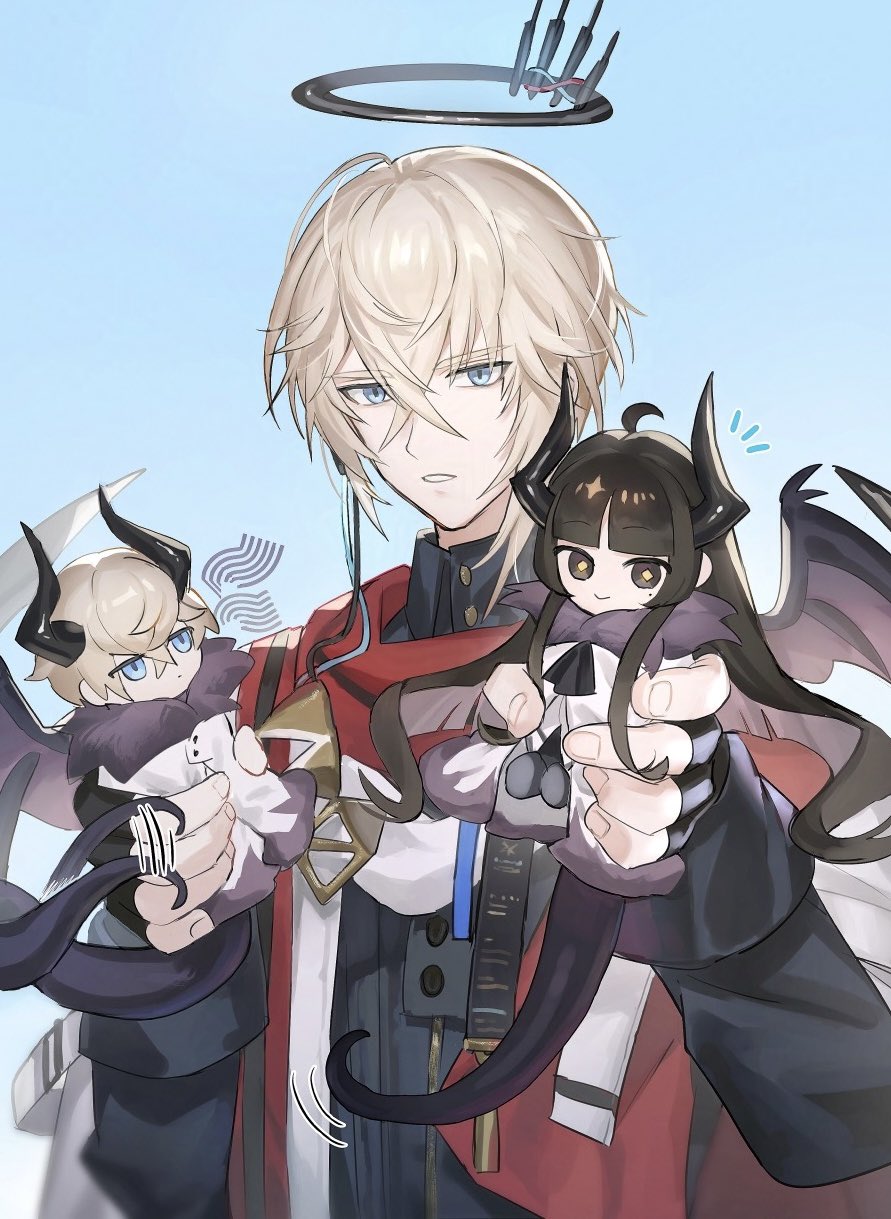 1boy, arknights, black_gloves, black_halo, black_horns, blonde_hair, blue_background, blue_eyes